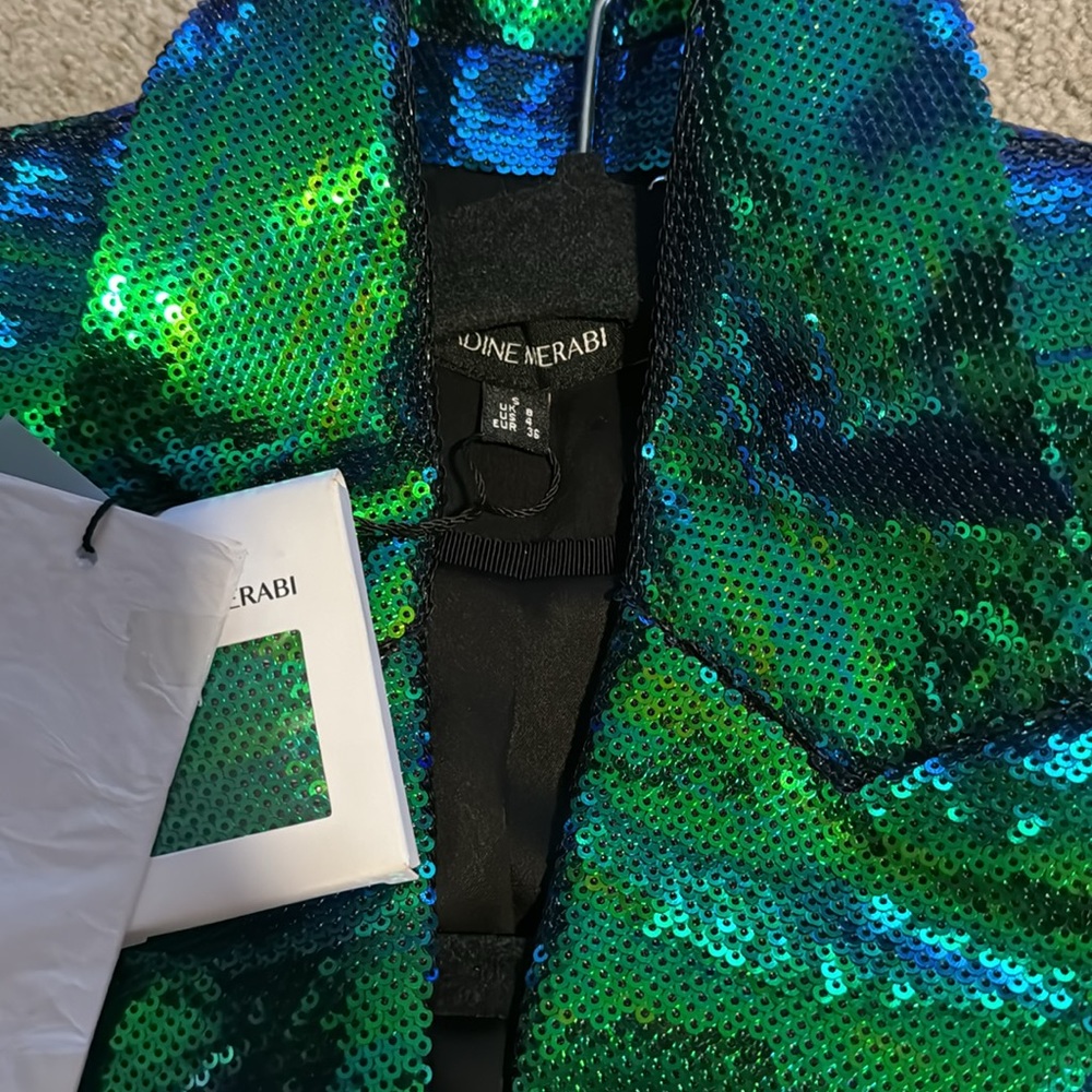 NADINE MERABI Iridescent Sequin Blazer & Shorts Set in Green and Blue - Picture 3 of 3